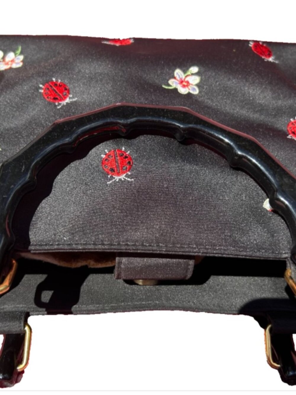Black Satin Embroidered Ladybug & Flowers Tote Bag - Picture 3 of 8